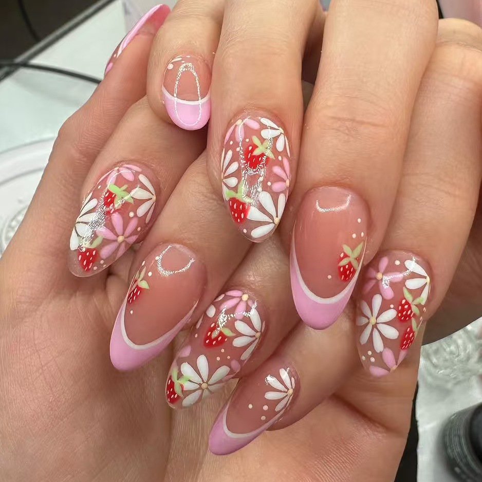 Nail Art Strawberry - 24pcs Ins Short Almond False Nails
