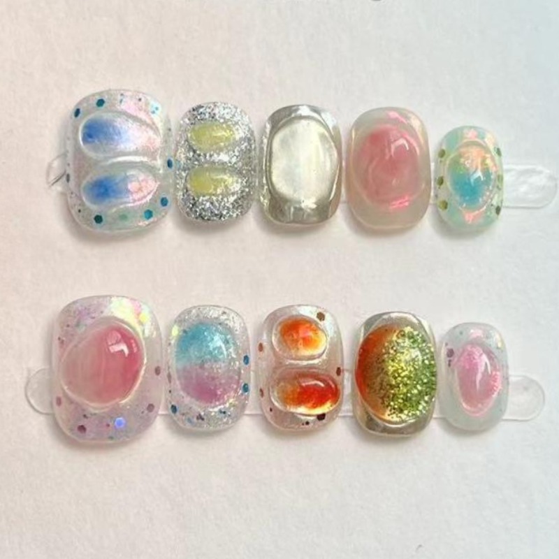 Nail Art Strawberry - 10Pcs Cute Short Round Handmade Fake