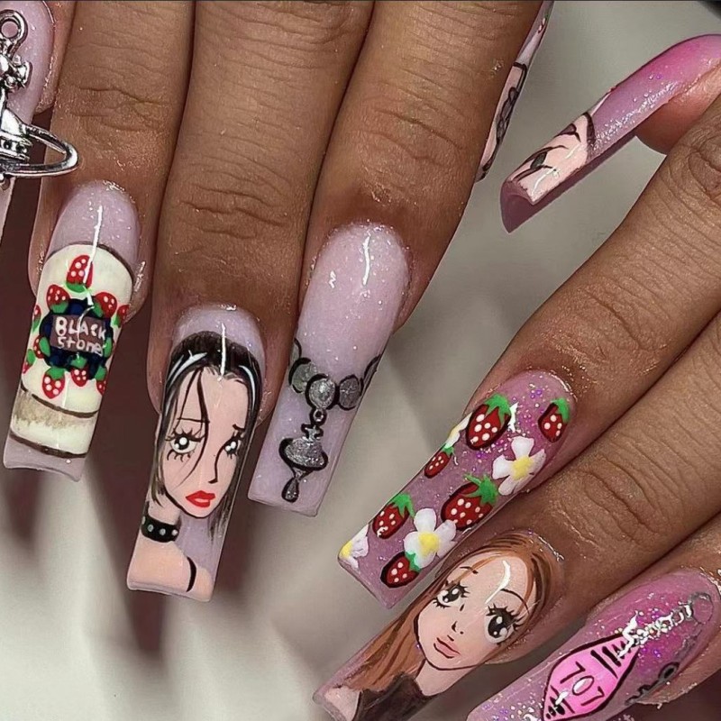 Medium long fake nails for wom - Nail Art Strawberry บทวิจารณ์และราคา