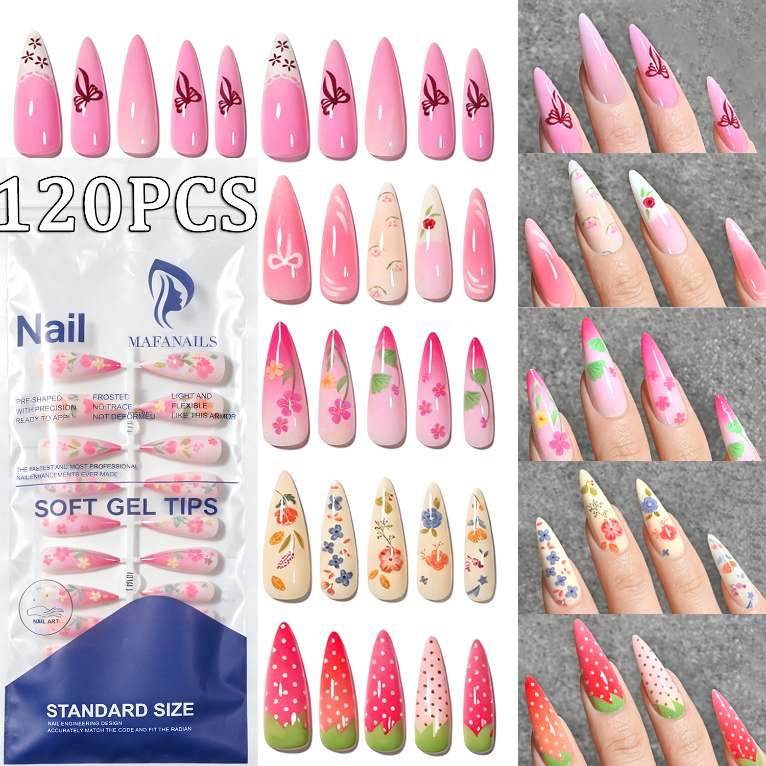 120Pcs Long Almond Press On Na - Nail Art Strawberry บทวิจารณ์และราคา