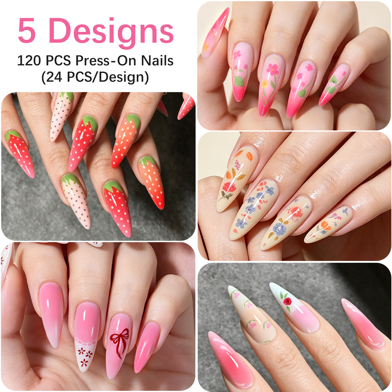 120Pcs Long Almond Press On Na - Nail Art Strawberry บทวิจารณ์และราคา