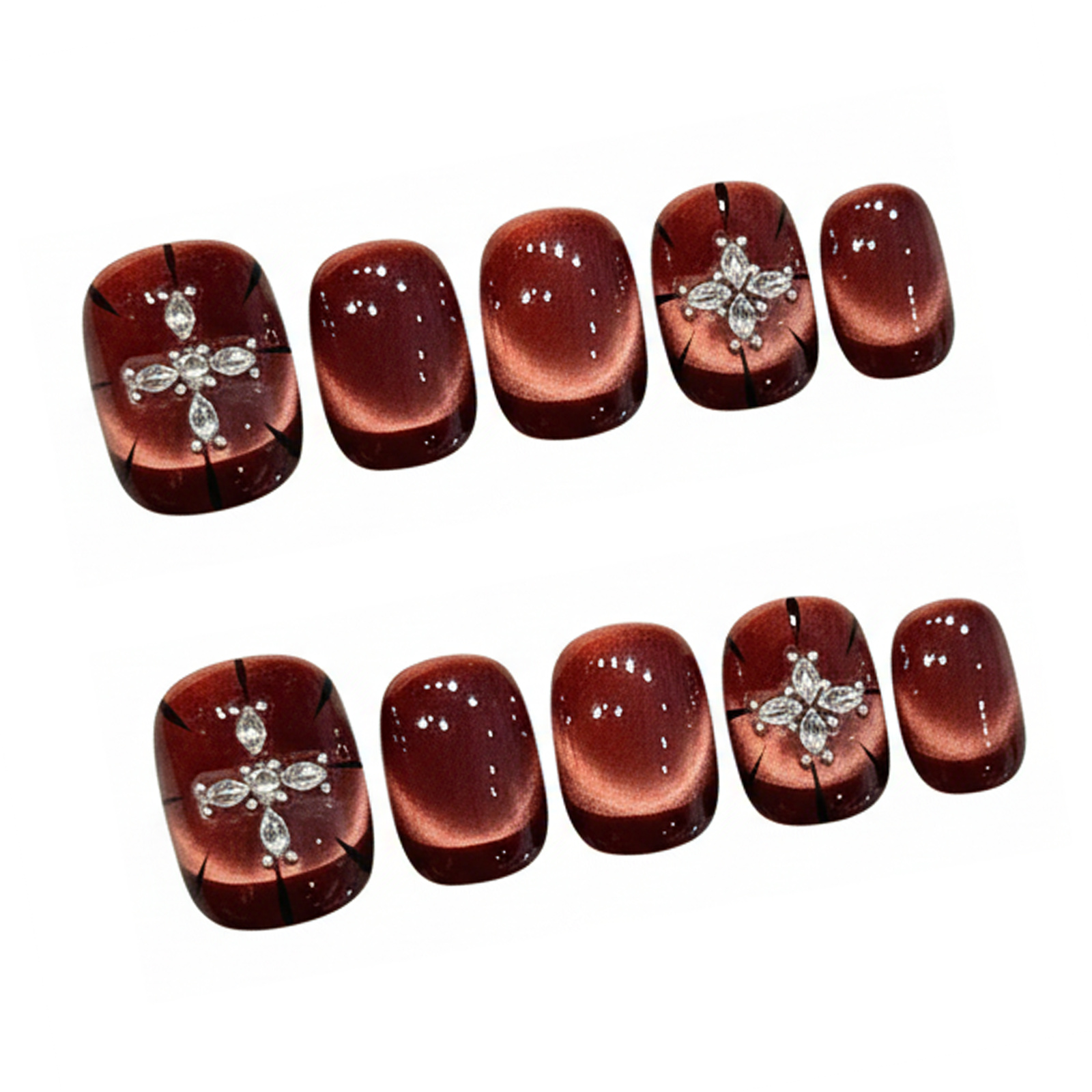 10pcs Wine-red Cat's Eye Press - Nail Art Strawberry บทวิจารณ์และราคา
