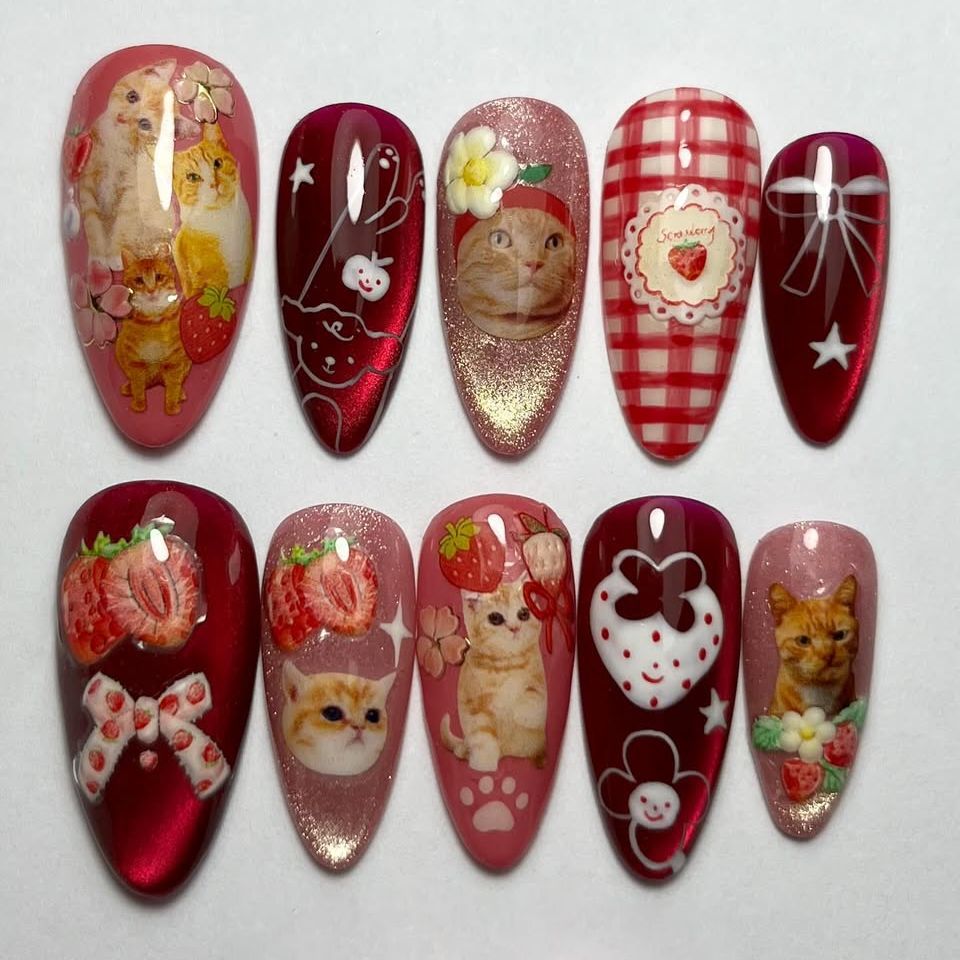 24pcs Strawberry Cat's Eye Pre - Nail Art Strawberry บทวิจารณ์และราคา